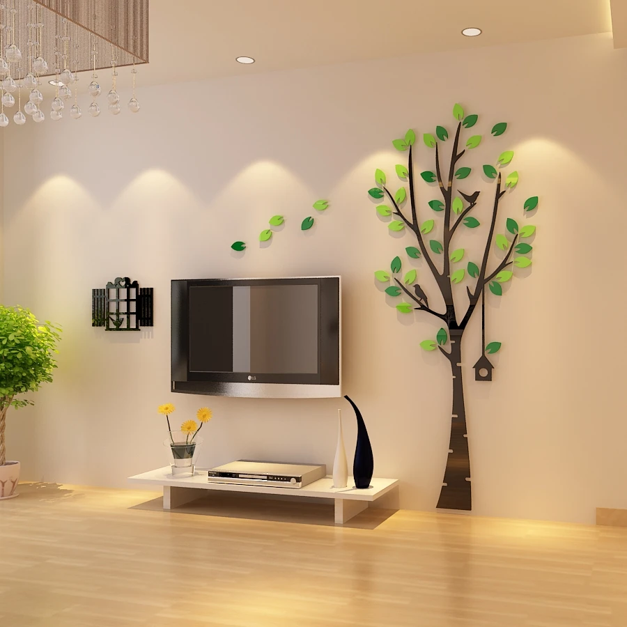 3D Хрустальные акриловые настенные наклейки для спальни, гостиной, входа, ТВ-фона, птичья клетка, креативная зеркальная декоративная наклейка, зеленое дерево