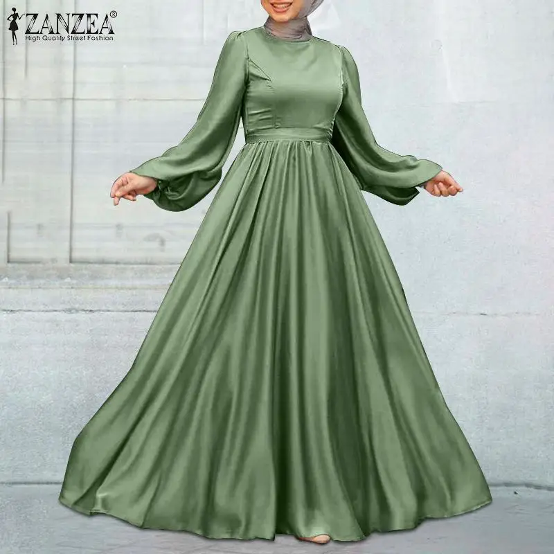 Plus Size ZANZEA Women Puff Sleeve Silk Stain Dress Elegant Solid Party Muslim Dresses Dubai Turkey Abaya Hijab Islamic | Тематическая