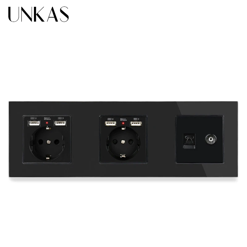 Двойная розетка UNKAS с черной стеклянной панелью европейского стандарта 4 USB