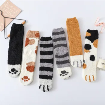

1 pair of plush coral fleece socks female tube socks autumn and winter cat claws cute thick warm sleeping floor sleep socks