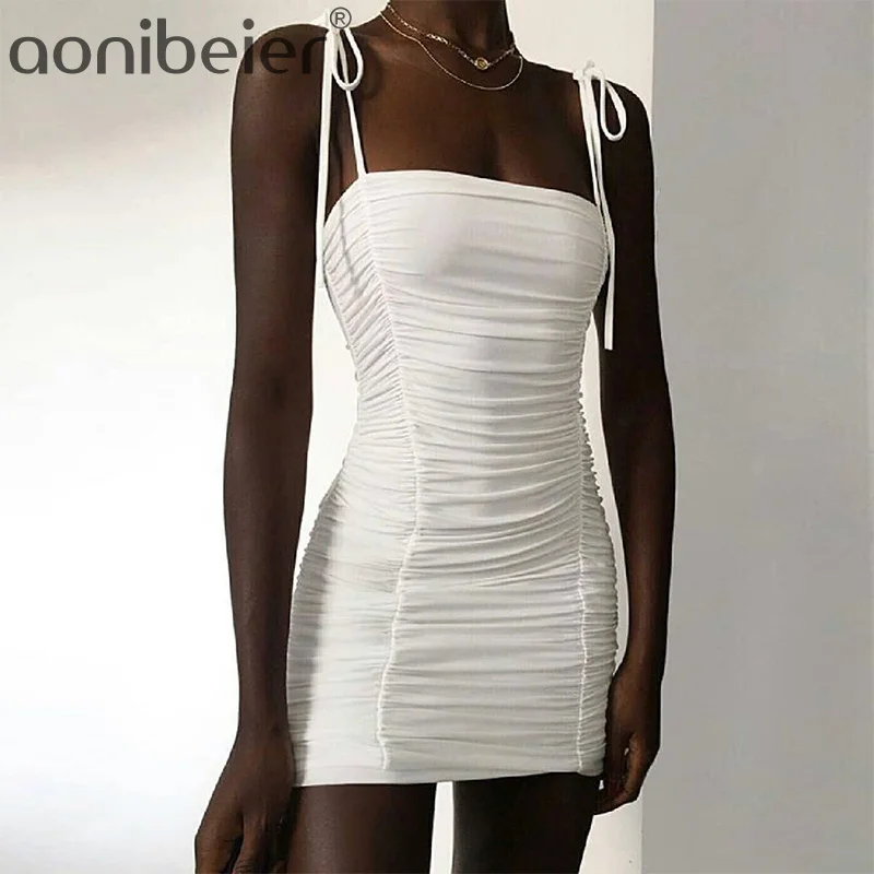 

Aonibeier Spaghetti Straps White Bandage Dress Women Sexy Sleeveless Strapless Ruched Bodycon Mini Dress Club Party Female Dress