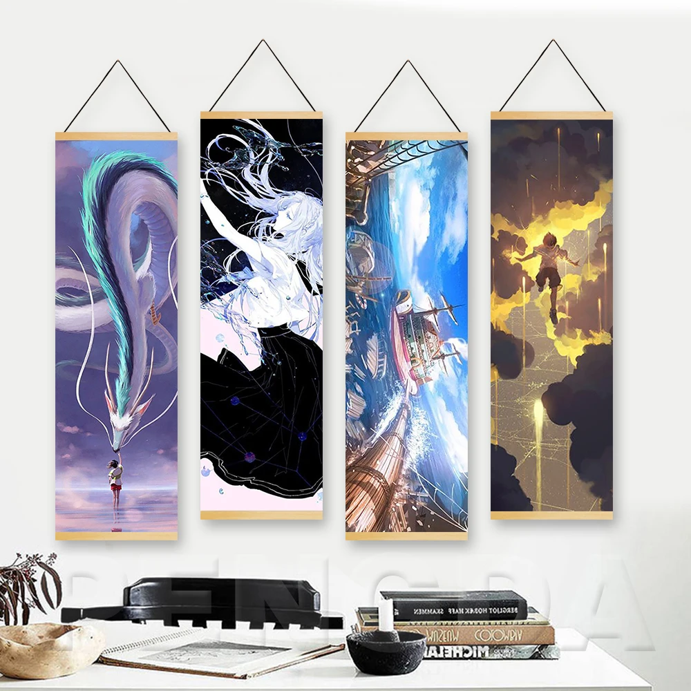 

Wall Art Canvas Printed Posters Modern Hayao Miyazaki Japan Anime Series Solid Wood Hanging Scroll Painting Boys Room Home Decor