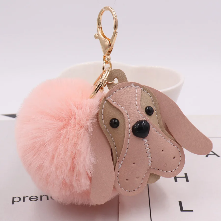 Cute PU Leather Dog Plush Keychain Women Jewelry Simulation Fur