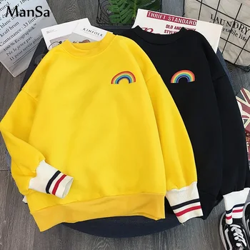

korean Kawaii Sweatshirts Harajuku Rainbow embroidery fleece Hoodies Women Usagi 90s Aesthetic oversized hoodie girls Streetwear