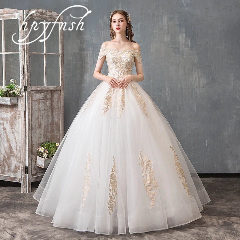 

OPZC 2019 Autumn New Arrivals Boat Neck Korean Wedding Dress Fashion Elegant Gold Lace Gowns Sexy off shouldervestido De Noiva