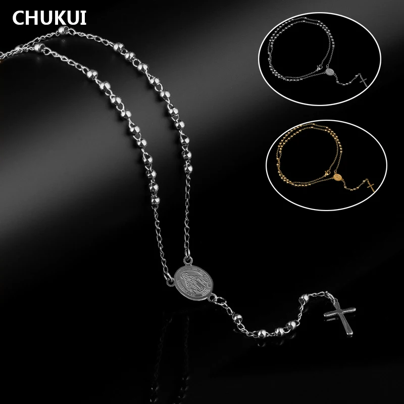 

CHUKUI Women Vintage Jesus Cross 3mm Beads Necklace Silver Stainless Steel Pendant Necklace Religious Christian Rosary Jewelry