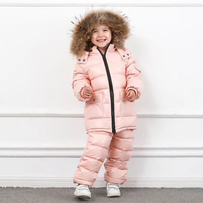 Теплая зимняя куртка на утином пуху для малышей; пальто для мальчиков; комплект одежды для девочек; детская парка; детская одежда; лыжный комбинезон; зимний комбинезон - Цвет: Розовый