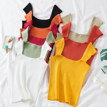 

Harajuku Knit Tank Top Camisole Women's Summer Korean-Style Knitted Solid Color Undershirt Student Short Red Top Fashion