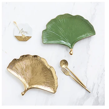 

Nordic Luxury Gold Painting Ceramic Ginkgo Leaf Jewelry Cosmetic Storage Tray Home Display Dessert Cake Snack Plate Decoration