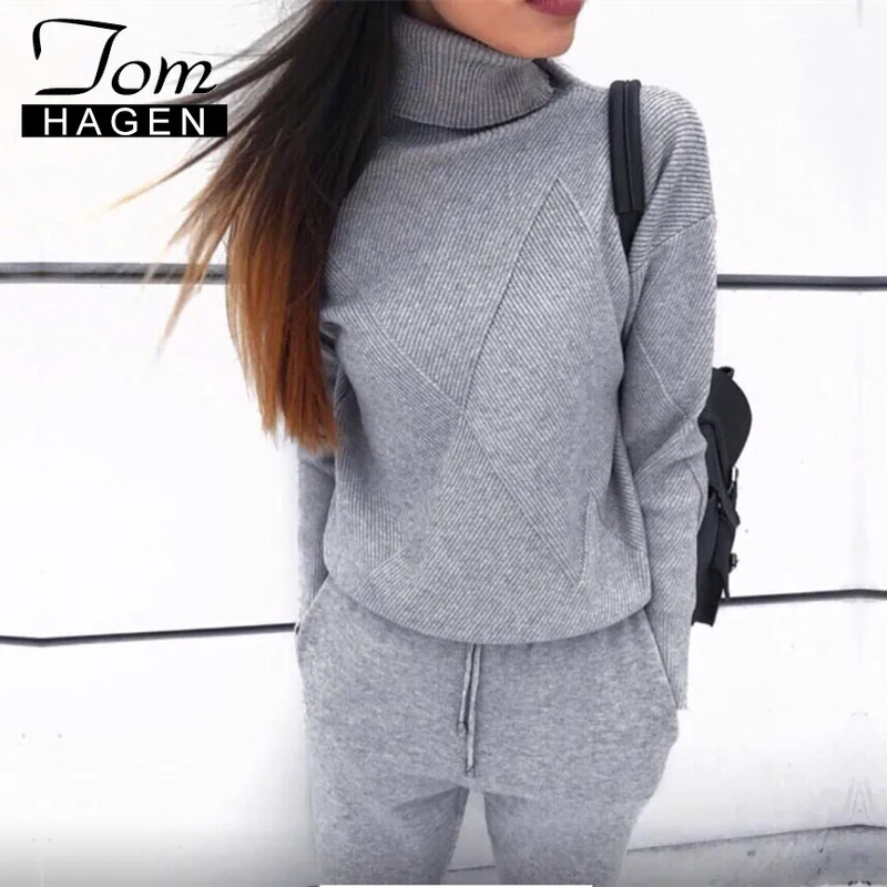

Autumn Winter Knitted Tracksuit Turtleneck Gray Sweatshirts Warm Long Sleeve Loose 2 Piece Set Women Winter Casual Trousers Suit