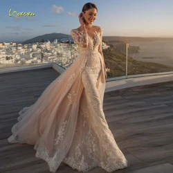Loverxu Vestido De Novia Long Sleeve Lace Mermaid Wedding Dress 2024 Sexy Illusion Detachable Train Trumpet Vintage Bridal Gown
