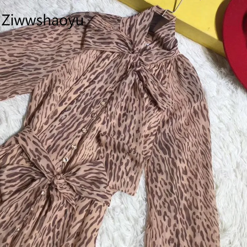 Ziwwshaoyu женское осенне-зимнее винтажное леопардовое платье миди с принтом модный фонарь рукав бант воротник сексуальные платья для вечеринок