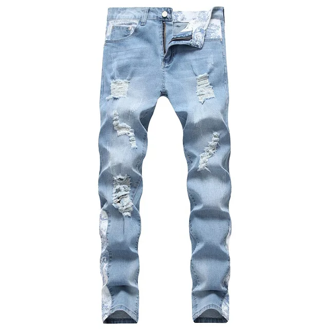 $ Men trousers Ripped straight leg stretch jeans trendy men's trousers black lenstid pants