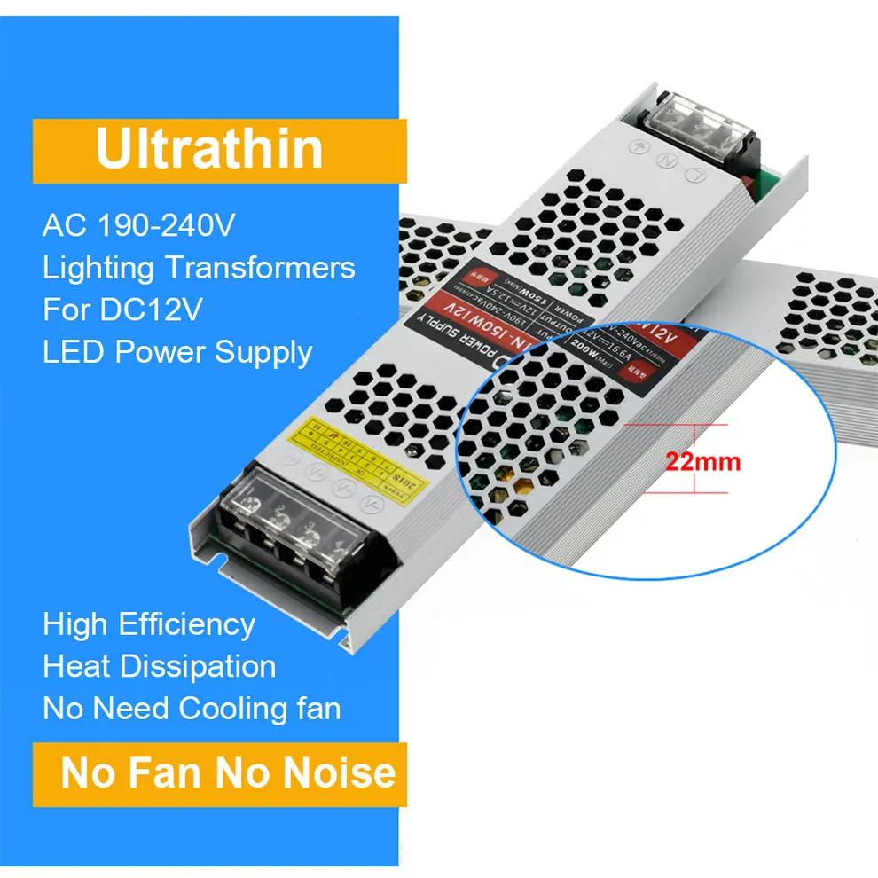 Ультра тонкий светодиодный Питание DC 12 V освещение трансформаторы 60 W 100 W 150 W 200 W 300 W AC190-240V драйвер для Светодиодный полоски