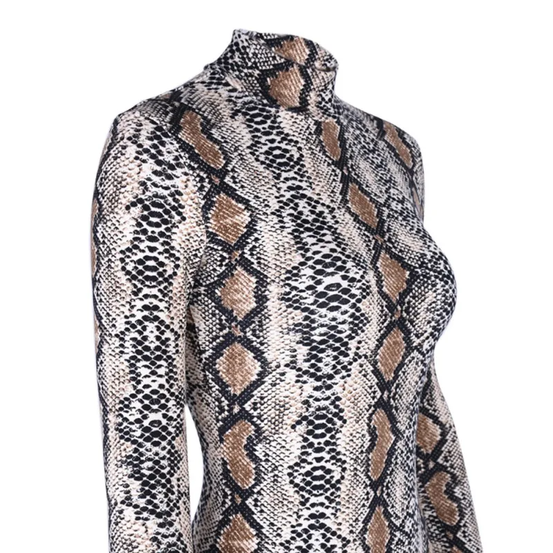 ROPALIA Women Snake Skin Print Turtleneck Long Sleeve Bodysuit Sexy Bodycon Fashion Slim Romper Womens Jumpsuit Femme Clothes hc