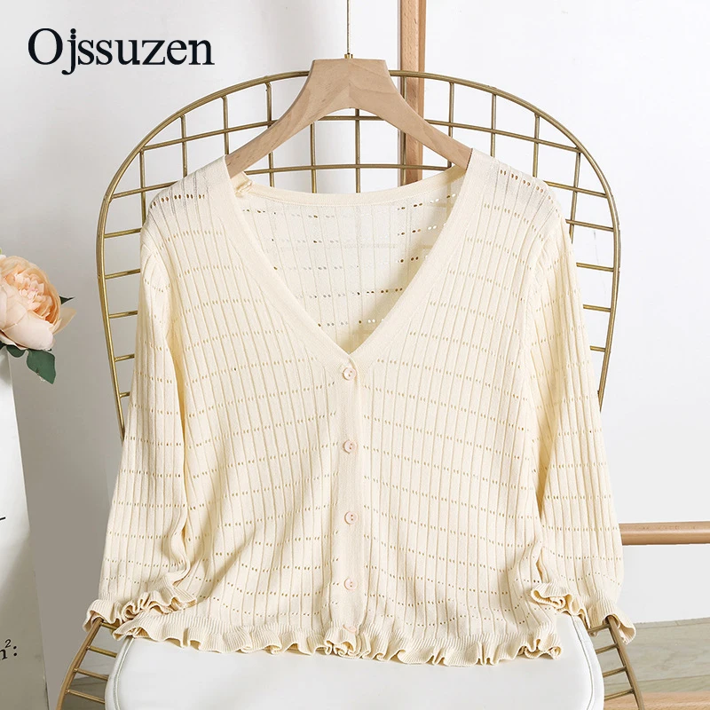

Summer Thin Knitting Cardigan Women Short Outwear Cool Clothing Female V Neck Knitted Coat Ladies Butterfly Sleeve Pink White