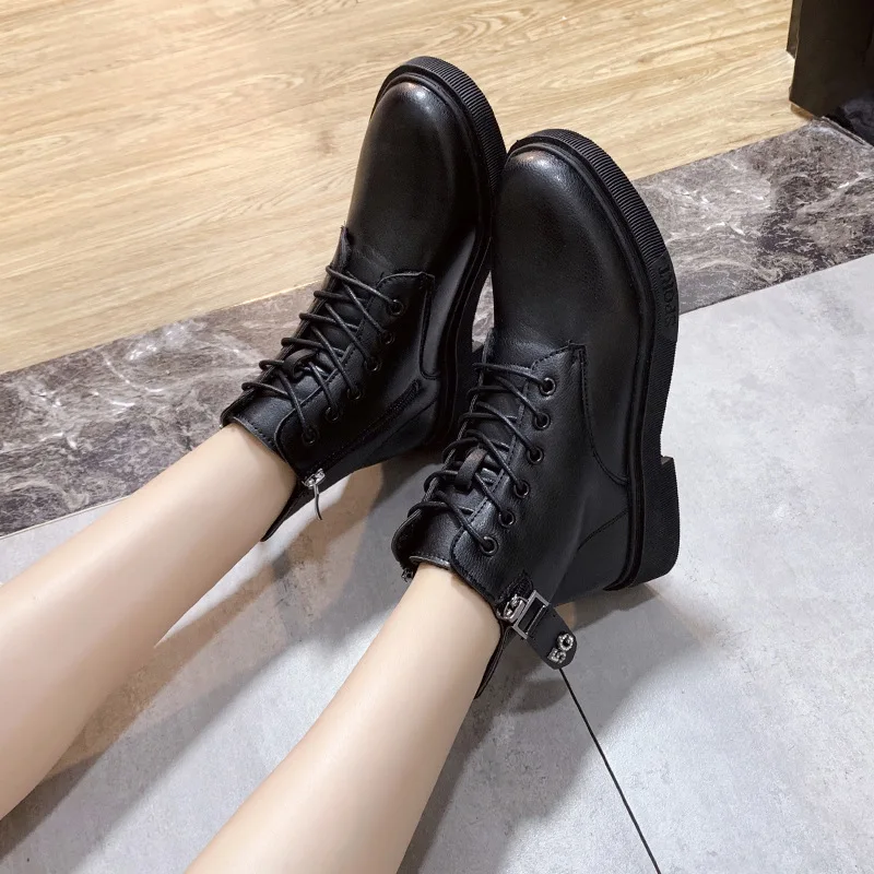 

2019 Winter Chunky-Heel Low Heel Lace-up England Martin Boots Women's plus Cotton Warm Short Boots Anti-slip 5g Drilling WOMEN'S