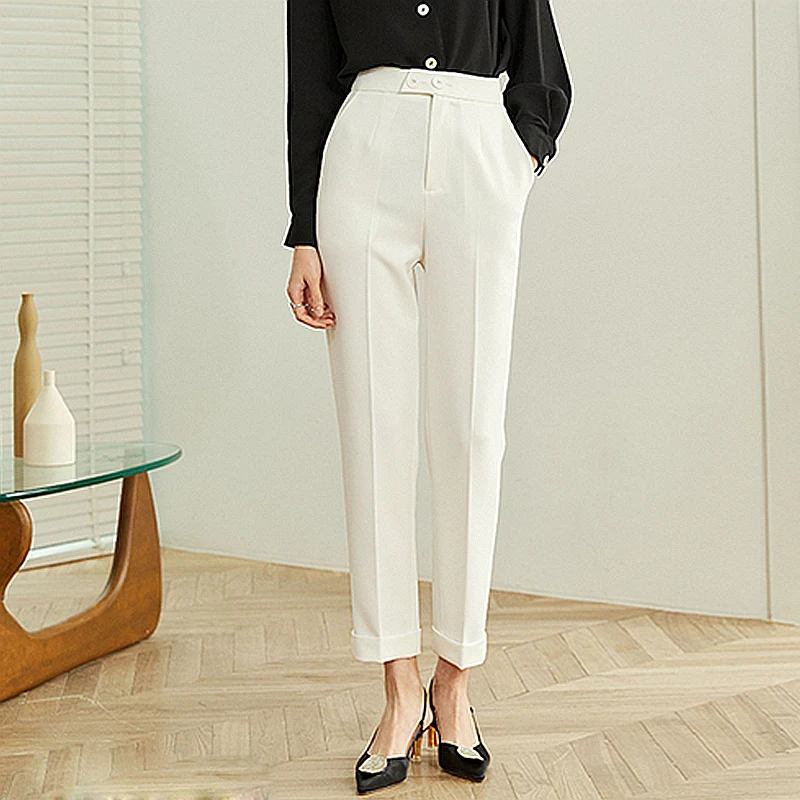 Прямые женские белые брюки с высокой талией и карманами, повседневные женские брюки, простой дизайн, винтажный стиль, Новая Осенняя мода