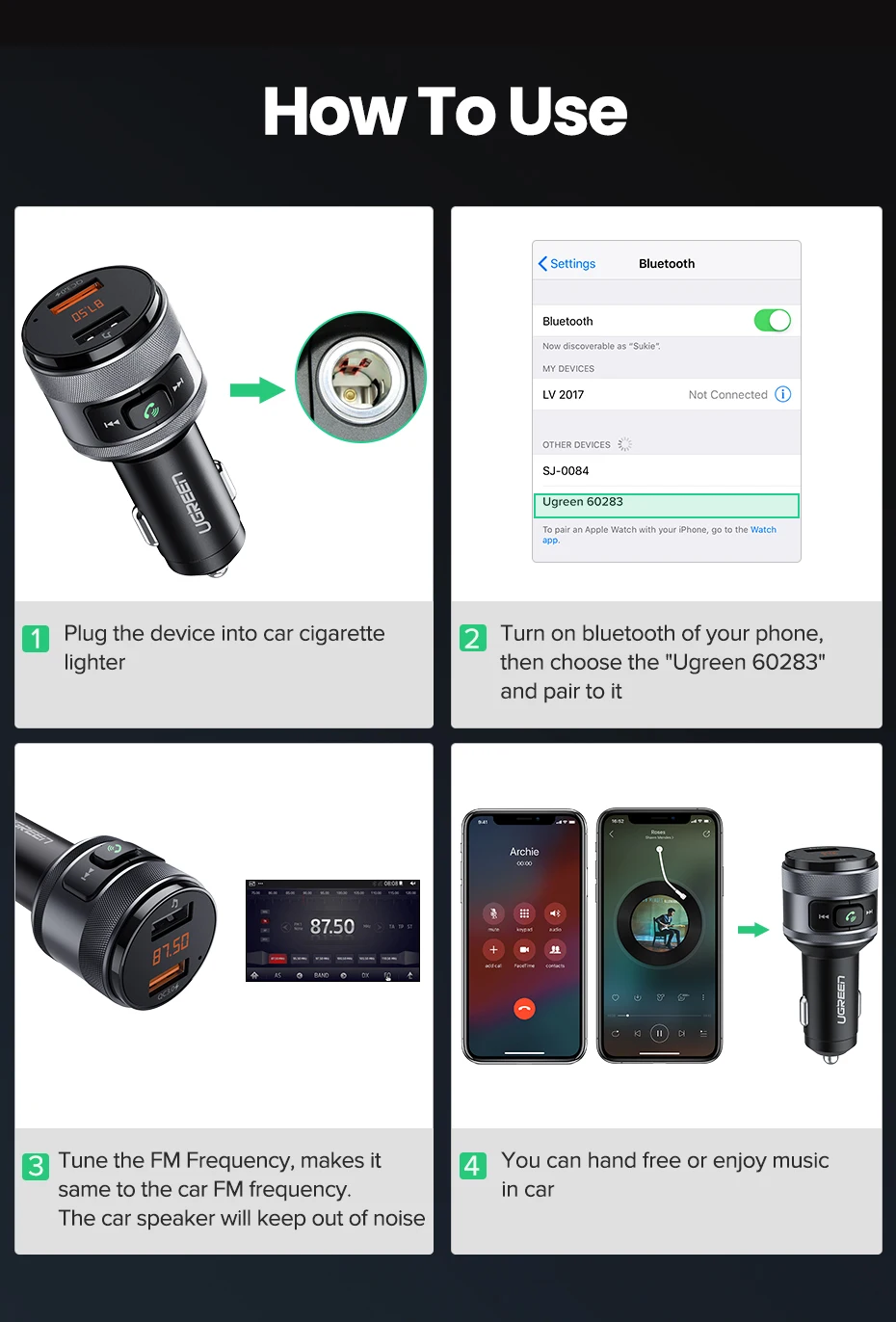 Ugreen usb car charger bluetooth qc quick 3.0 charge fast charger for xiaomi samsung iphone huawei (fm transmitter)