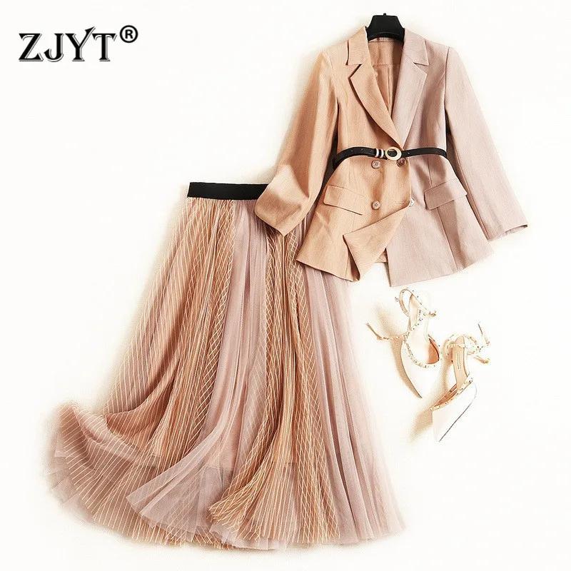 

High Quality Designer Runway Suit Women Autumn Elegant Office Lady Two Piece Outfits Color Block Blazer Tulle Skirt Suit Sets