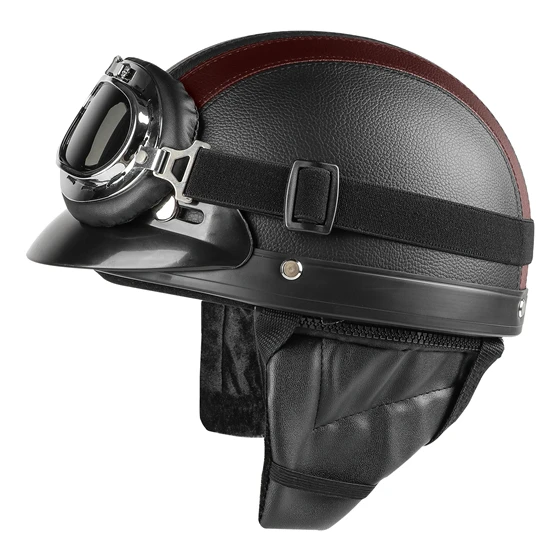 Зимние мотоциклетные шлемы, велосипедные шлемы с теплой шеей+ козырек, очки из искусственной кожи, велосипедный шлем с открытым полулицом для мужчин и женщин, велосипедный шлем - Цвет: Black Brown