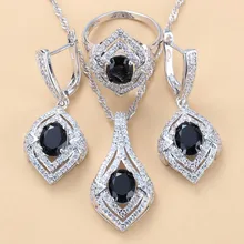 European And American Fashion Dinner Accessories 925 Sterling Silver Black Zircon Jewelry Sets For Women Free Gift Box