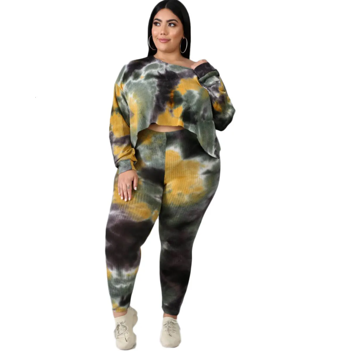 Tie-dye повседневный комплект размера плюс 5xl 6xl женский осенний комплект из двух предметов топ с круглым вырезом и длинным рукавом и облегающие штаны уличная одежда спортивный костюм