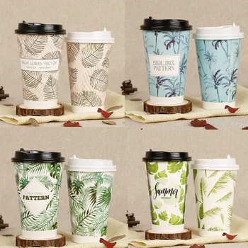 

50pcs 500ml 16oz flamingo plant pattern disposable coffee paper cup new year party favor hot drink packaging cups with cover