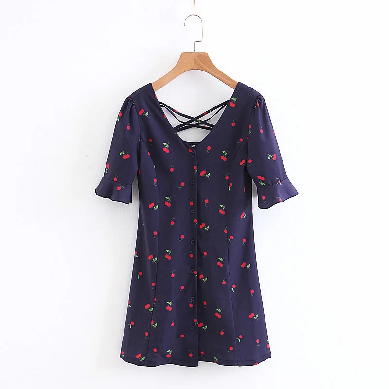 

2018 Spring And Summer New Products Western Style WOMEN'S Dress Back Cross Cool Printed Cherry Waist Hugging Slim Dress