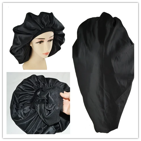Супер большой размер салон красоты чехол с ночным мотивом Капот Шляпа Шапка головной убор Пружинящий баннет сатин для сна для кудрявых цвет шапка волос черный