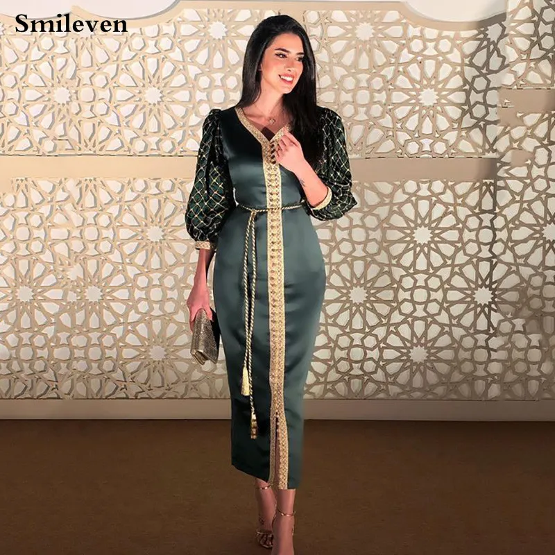 

Smileven Green Moroccan Kaftan Formal Evening Dress Half Puff Sleeve Longo Party Dress Ankle Length Dubai Special Occasion Dress