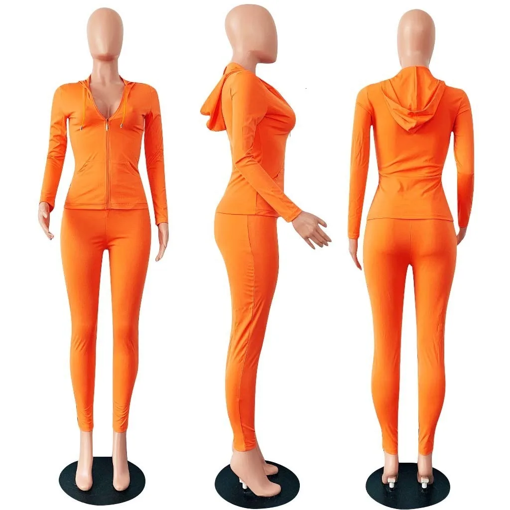 Autumn Women Zipper Up Long Sleeve Hooded Top Pencil Pants Suit Two Piece Set Casual Sporting Tracksuit Neon Green Outfits