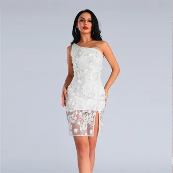 

2019 Mini Dress Sexy Beading Backless One-Shoulder Women FashionSleeveless Floral Slit Bandage Night Club Body con Party Dresses