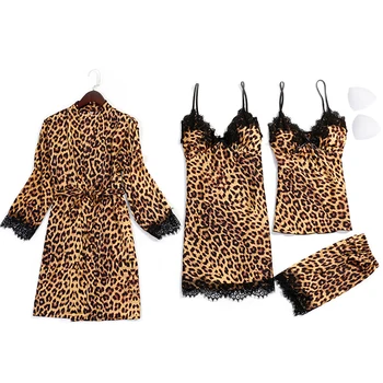 

4pcs Couple Sleeping Daily Soft Women Sleepwear Set Valentine Day Night Leopard Printing Thin With Pants Smooth V Neck Sexy Lace