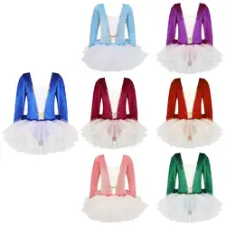#130-180 Girls Long Sleeve Velvet Ballet Dance Dress Bowknot Decor Mesh Tutu Leotard Dresses Stage Performance Costume Dancewear