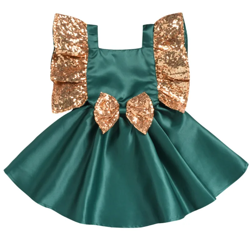 Рождественское платье для девочек; платье для девочек в европейском и американском стиле; новое летнее платье принцессы с блестками и рукавами-крылышками и бантом для девочек; платье с лямкой на шее