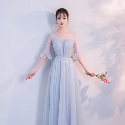 1828D long blue gray Голубого размера плюс элегантное платье подружки невесты Гость Свадьба Милая клуб сестра платье сексуальное Пром длиной до пола простое платье - Цвет: 1828D long blue gray
