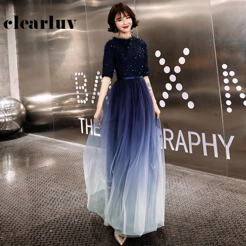 

Navy Blue Gradient Evening Dress DR321 A-Line Long Banquet Dresses O-Neck Half Sleeve Robe De Soiree Patchwork Formal Gowns 2020