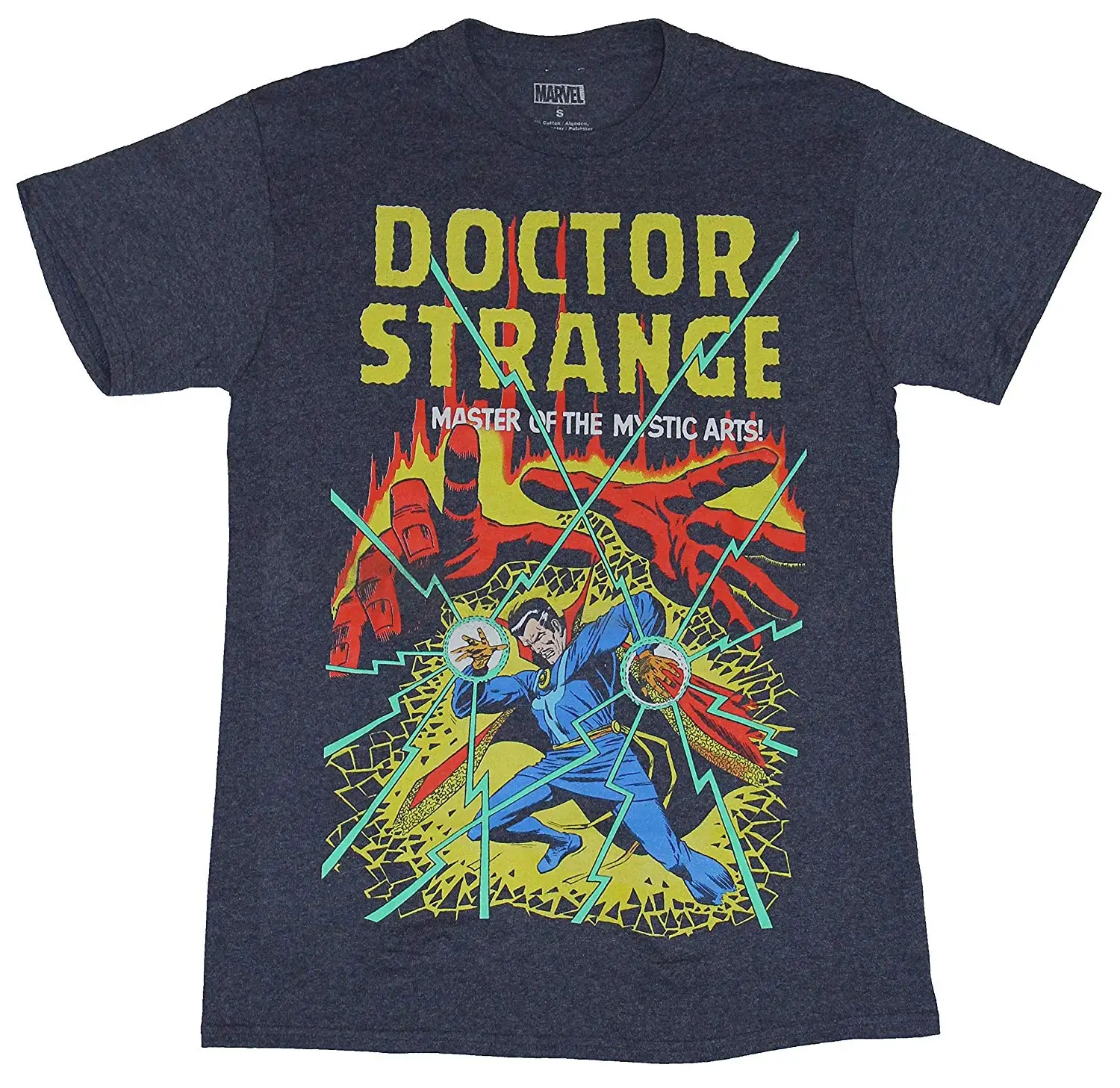 

Dr. Strange (Marvel Comics) Mens T-Shirt - Battling Doctor Under Logo & Hands (Extra Large) Bluish Heather Gray Men T Shirt