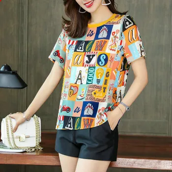 

floral silk blouses ladies office sexy fashion casual golden letter flower shirts tops 2019 summer women plus size free ship