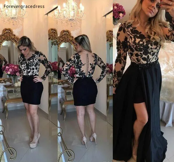 2018 Sheath Little Black Cocktail Dresses Illusion See Through Lace Appliques Long Sleeves Prom Dress with Detachable Train  118