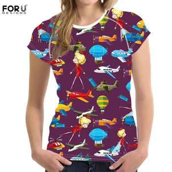 

FORUDESIGNS Flight Attendant Pattern Women T Shirt Summer Ladies Short Sleeve Fashion Brand Clothes Tops for Girls Woman Shirt