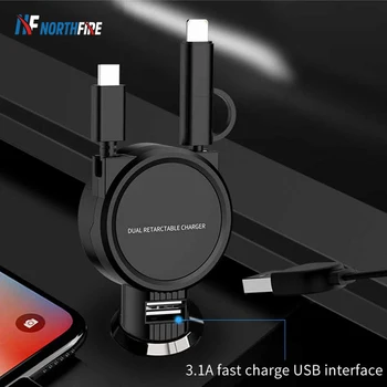 

3in1 Stretchable USB Cable Car Charger Micro USB Type-C Cable For iPhone IOS Cigatette Lighter 3.1A USB Port Quick Fast Charger