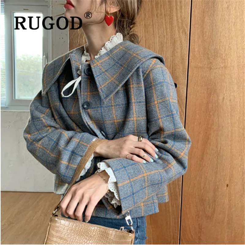 RUGOD корейское винтажное клетчатое пальто для женщин с отложным воротником однобортное короткое стильное модное женское элегантное шикарное пальто