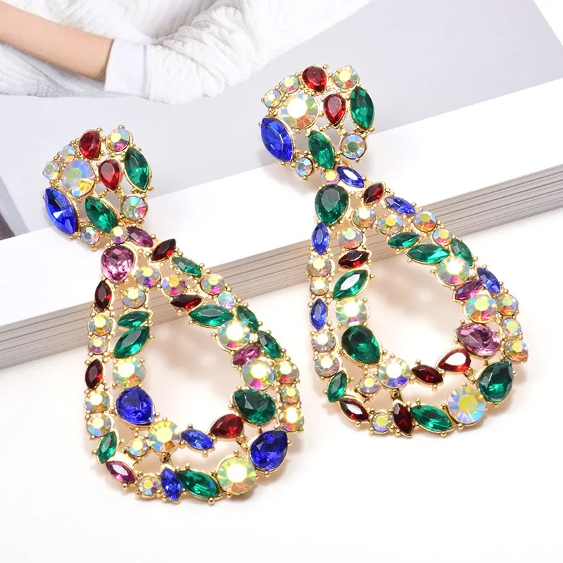 

Wholesale ZA New Dangling Water Drop Shaped Long Earrings Studded With Colorful Crystal Pendientes Jewelry Accessories For Women