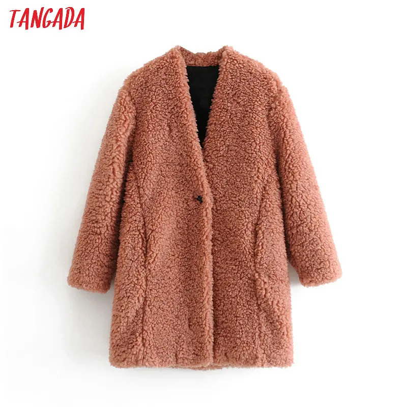 Tangada женское розовое длинное плюшевое пальто теплое толстое зимнее женское шикарное пальто с карманами винтажная верхняя одежда 3H131