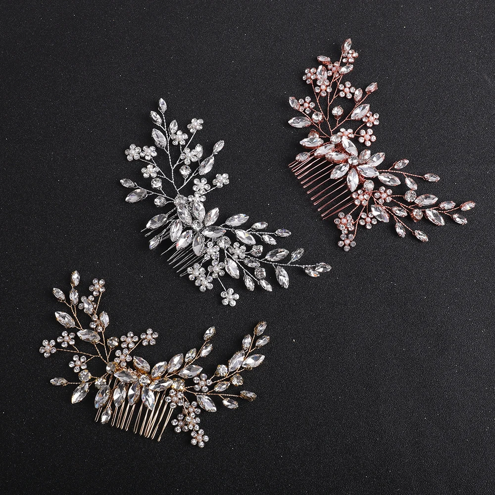 Silver Rose gold Rhinestone Hair Comb Hair Accessories For Women Wedding Accessories Party Flower Head Jewelry Bridal Headwear