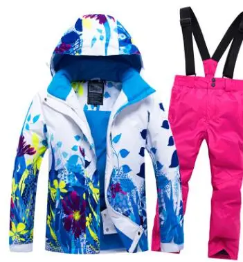 Детский лыжный костюм для девочек, куртка для сноуборда, штаны в цветочек, зимняя одежда, брюки, ветронепроницаемая водонепроницаемая Спортивная одежда для катания на лыжах
