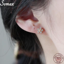 Five Diamond Flower 925 Sterling Silver Plated 14K Gold Earrings Small Zirconium Diamond Flower Temperament Korean Mini Jewelry