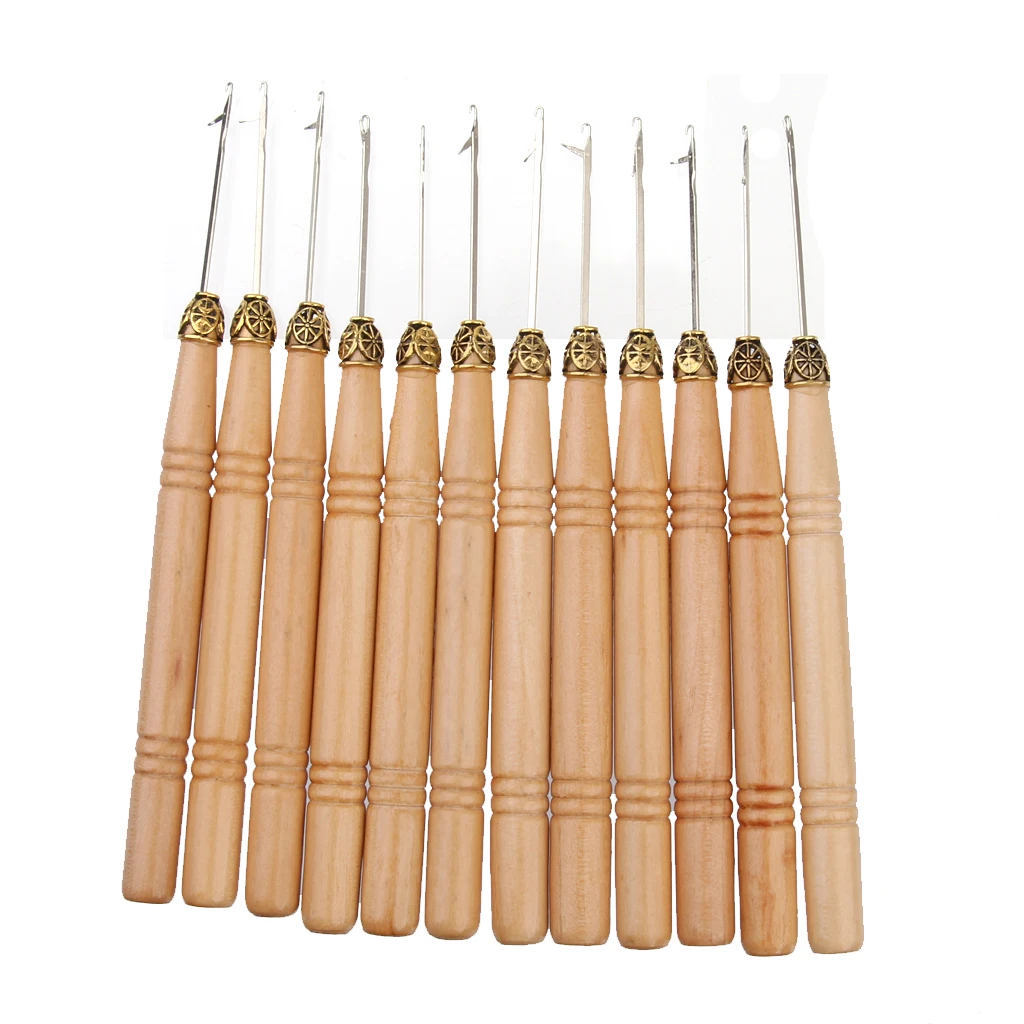 12pcs Wooden Handle Pulling /Micro Rings/Loop Hair Extension Tool Pull Hook Needle Threader Crochet Hooks Knitting Needles Set